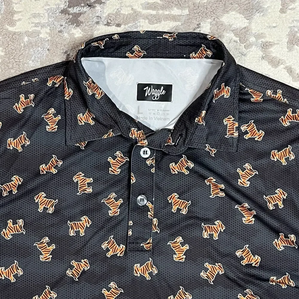 Waggle Shirt Mens Sz L Gray Tiger Goat Print Polo Golf Performance Stretch AOP - Picture 4 of 8